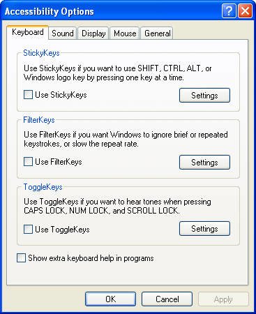Accessibility Options Dialog Box Windows