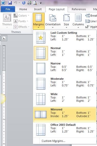 Mirrored Margin Setting on Page Layout Ribbon