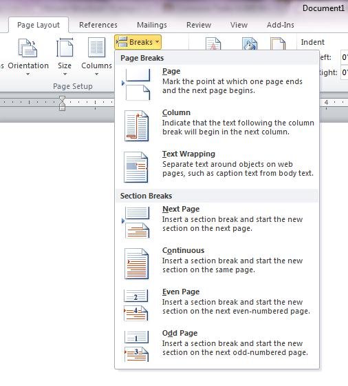 Page Breaks and Section Breaks in Word 2010