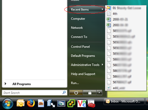 Recent Items in Windows Vista