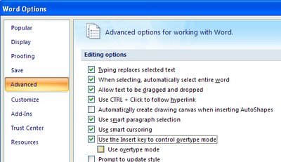 Word Options dialog box to toggle MS Word between Insert or Typeover mode