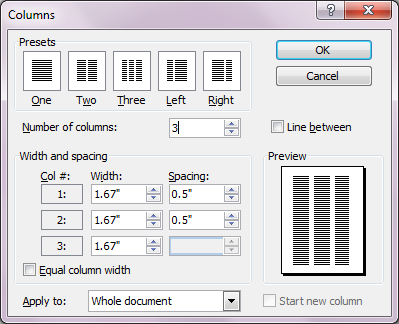 Columns Dialog Box