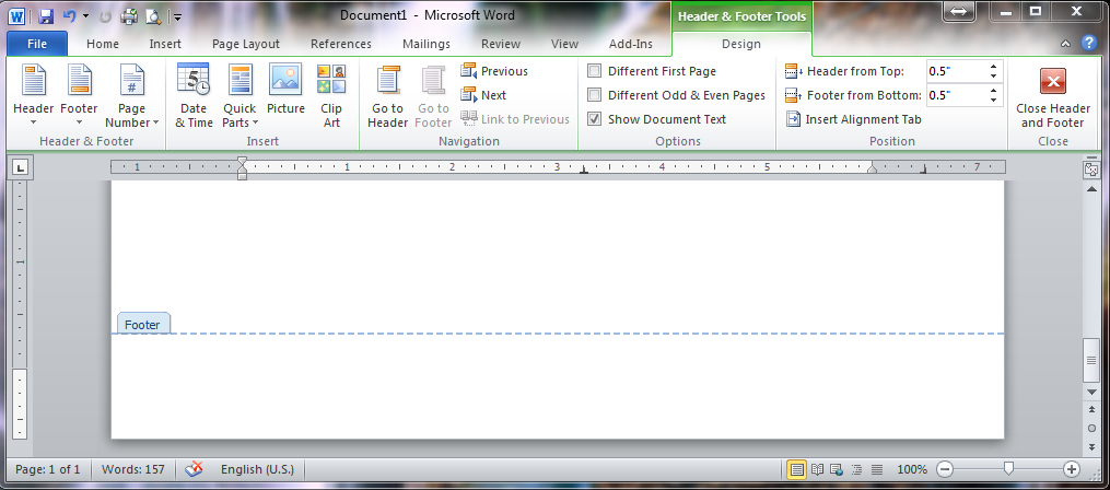 Footer Editing Screen in Word 2010