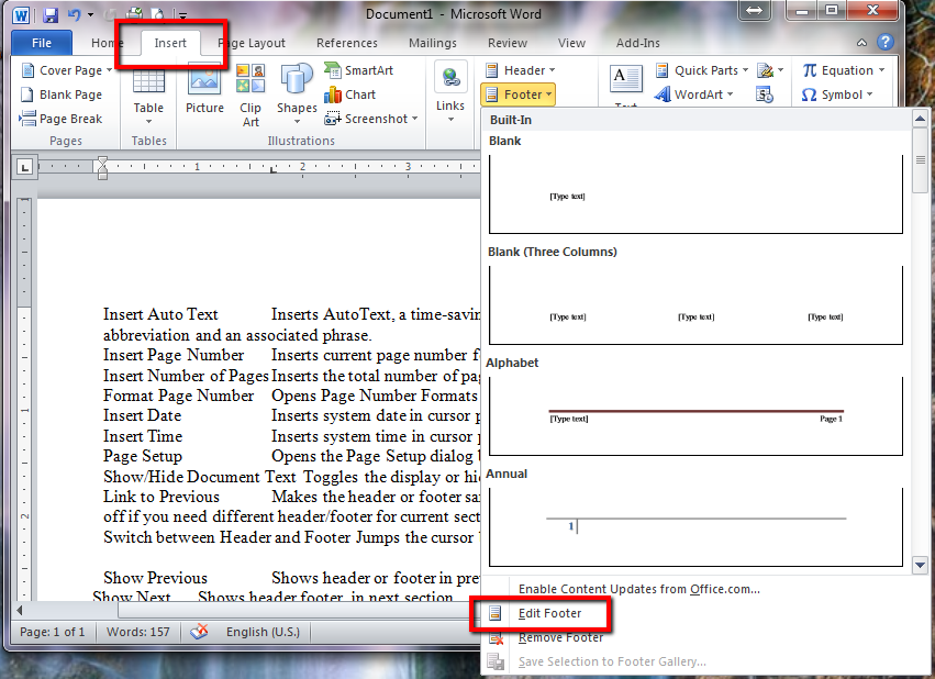 Footer Options in Word 2010