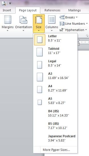 Paper Size Menu in Page Layout